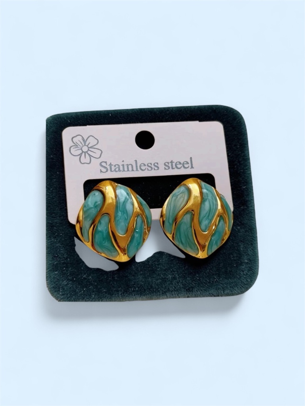 Gold-Tone Stainless Steel Clip Earrings with Teal Swirl Enamel Accents